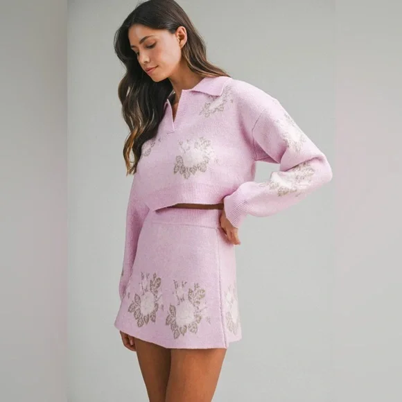 Pink Floral Jacquard Crop Sweater And Skirt Set - Picture 7 of 16